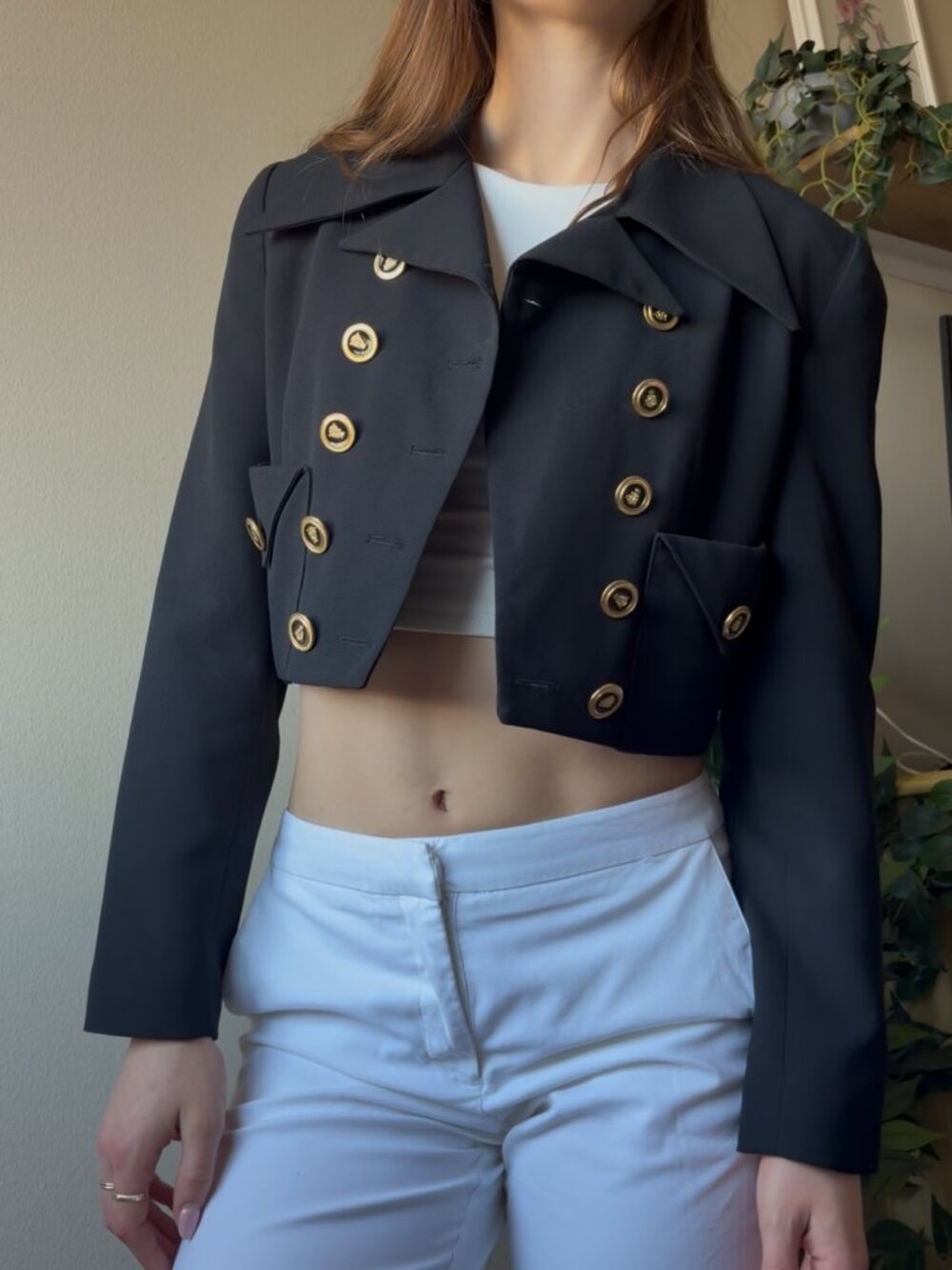 Vintage 90s Military Cropped Jacket Black Gold Button Structured Blazer